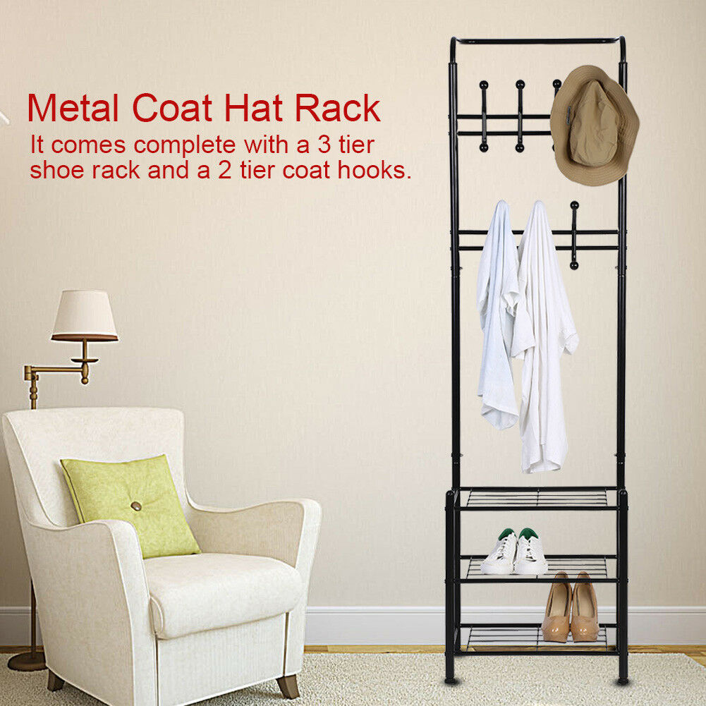 3 Tier 7 Hooks Bamboo Coat Hat Rack Stand Bag Hanger Shoe Shelf Storage Holder